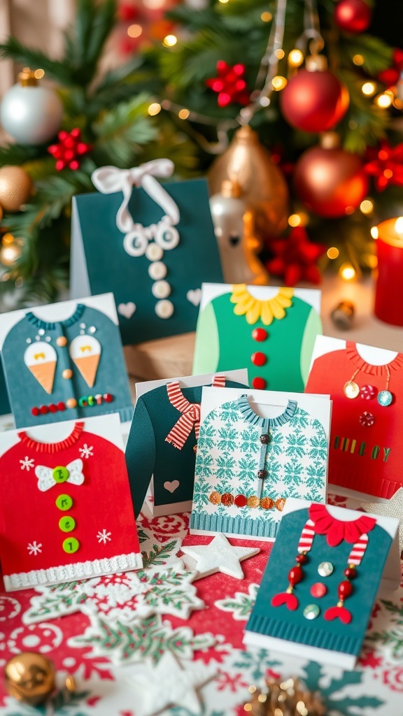 Handmade Christmas jumper cards with various designs on a festive table.